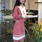 Set: Two-tone Collared Knit Top + Knit Skirt