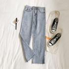 High-waist Fray Hem Straight-cut Jeans