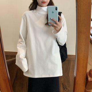 Plain Mock-neck Long-sleeve Loose-fit Top