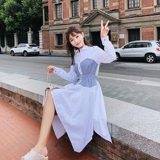 Long-sleeve Color Panel Asymmetrical Shirtdress