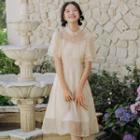 Short-sleeve Mesh Panel Midi Qipao