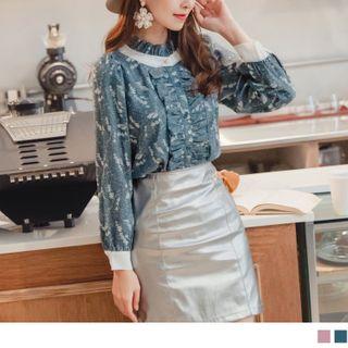Frilled Trim Stand Collar Print Shirt