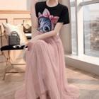 Set: Cat Print Short-sleeve T-shirt + Midi A-line Skirt