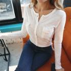 Distressed Long Sleeve Buttoned T-shirt