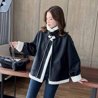 Furry Cuff Faux Leather Zip Jacket