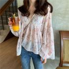 Floral Long-sleeve Chiffon Top Pink - One Size