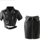 Short-sleeve Faux Leather Zip Jacket / Mini Pencil Skirt / Set