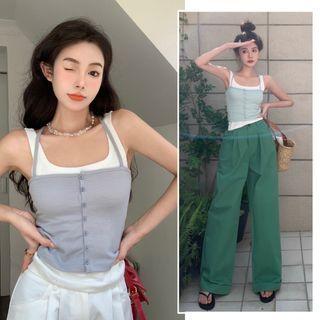 Plain Loose-fit Pants / Set: Slim-fit Tank Top + Sleeveless Halter Top