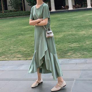 Short-sleeve Ruffle Hem Midi Shift Dress