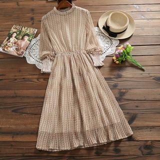 Patterned Long-sleeve A-line Midi Chiffon Dress