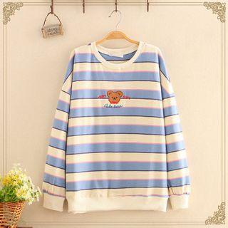 Bear Embroidered Color-block Stripe Sweatshirt