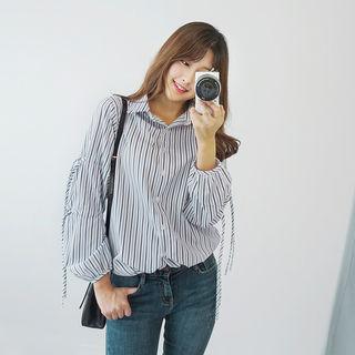 Strappy Bishop-sleeve Stripe Shirt