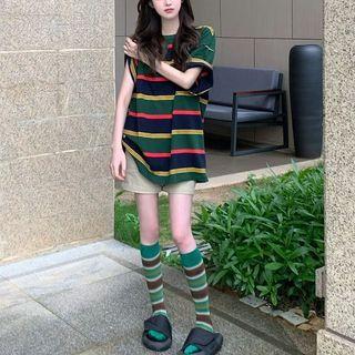 Short-sleeve Striped T-shirt Stripe - Red & Yellow & Green - One Size