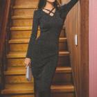 Cross Neck Long-sleeve Knit Midi Sheath Dress Black - One Size
