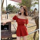 Short-sleeve Off-shoulder Frill Trim Playsuit