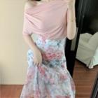One-shoulder Shirred T-shirt / Floral Print Midi A-line Skirt