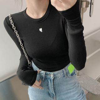 Heart Embroidered Long-sleeve Slim-fit Top