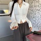 Long-sleeve Faux Pearl Button Crop Top
