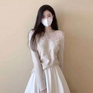 Cold Shoulder Lace Top / Midi A-line Skirt / Set