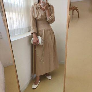 V-neck Long-sleeve Maxi A-line Dress Almond - One Size