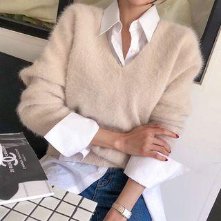 V-neck Dolman-sleeve Furry Sweater