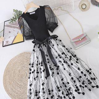 Knit Panel Embroidered Short-sleeve Dress Black - One Size