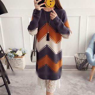 Color Block Long-sleeve Midi Knit Dress