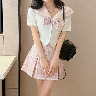 Set: Short-sleeve Sailor Collar Shirt + Bow + Mini A-line Skirt
