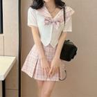 Set: Short-sleeve Sailor Collar Shirt + Bow + Mini A-line Skirt