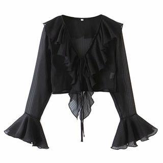 Long-sleeve Ruffled Striped Crop Top