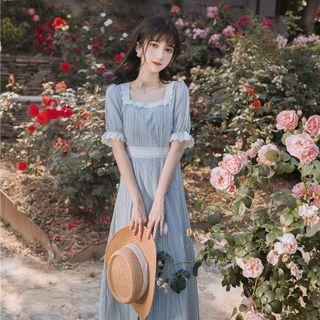 Short-sleeve Frill Trim Check Midi A-line Dress