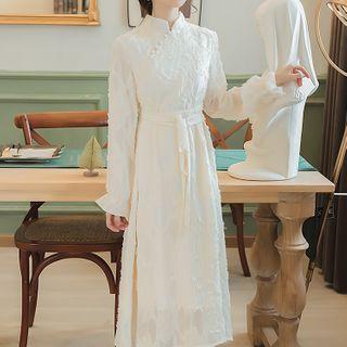 Bell-sleeve Mandarin Collar Midi A-line Dress