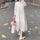 Long-sleeve Tiered Midi A-line Eyelet Lace Dress White - One Size
