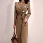 Long-sleeve Sashed Wide-leg Jumpsuit