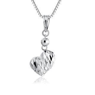 14k White Gold Puffed Diamond-cut Heart Pendant Necklace, 16