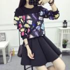 Plain A-line Skirt/ Printed Pullover