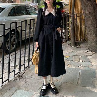 Contrast Collar Tie-waist Midi A-line Dress