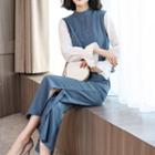 Set: Bell-sleeve Color Block Top + Wide Leg Pants