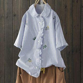 Elbow-sleeve Striped Embroidered Shirt