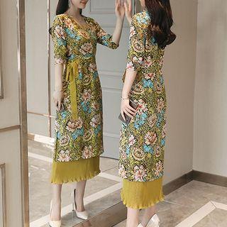 3/4-sleeve Layered Midi Dress