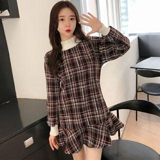 Long-sleeve Mock-neck Plaid Dress