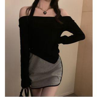 Long-sleeve Off-shoulder Irregular Top / Mini Fitted Skirt