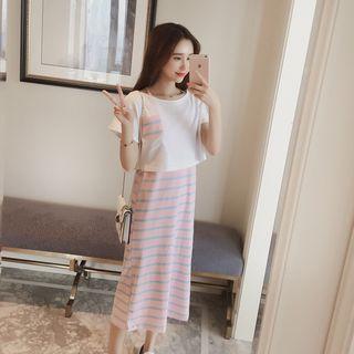 Set: Short-sleeve T-shirt + Striped Midi Tank Dress