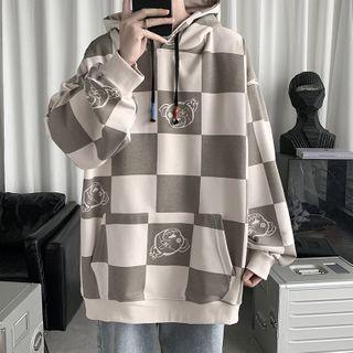 Bear Print Checkered Hoodie