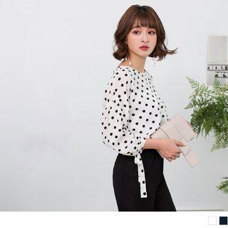 Lace Up Cuff Dot Print Top