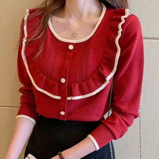 Long-sleeve Contrast Trim Ruffle Knit Top