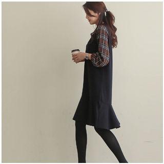 Round-neck Check-sleeve A-line Dress
