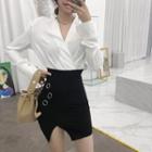 Plain V-neck Long-sleeve Blouse / Slim-fit Skirt