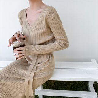 V-neck Tie-waist Midi Rib Knit Dress