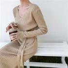 V-neck Tie-waist Midi Rib Knit Dress